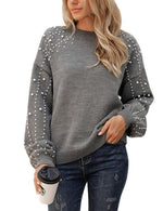Load image into Gallery viewer, Blooming Jelly Women's Chunky Sweater Crewneck Sweatshirt Knit Lantern Sleeve Oversized Pullover Sweater with Pearls(Small,Grey)
