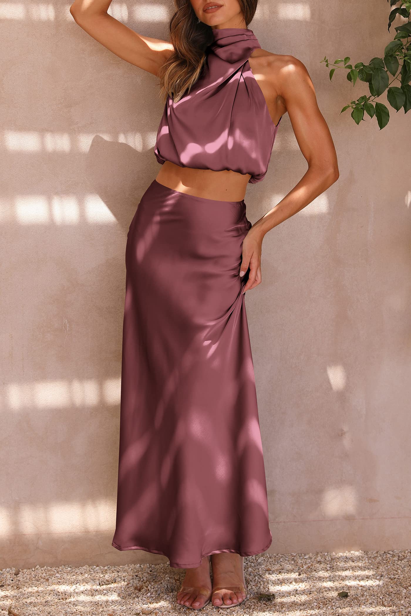 PRETTYGARDEN Women's 2 Piece Satin Outfits Summer Sleeveless Mock Neck Crop Tops and Long Skirt Dress Sets (Brick Red,Large)