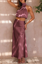 Load image into Gallery viewer, PRETTYGARDEN Women&#39;s 2 Piece Satin Outfits Summer Sleeveless Mock Neck Crop Tops and Long Skirt Dress Sets (Brick Red,Large)

