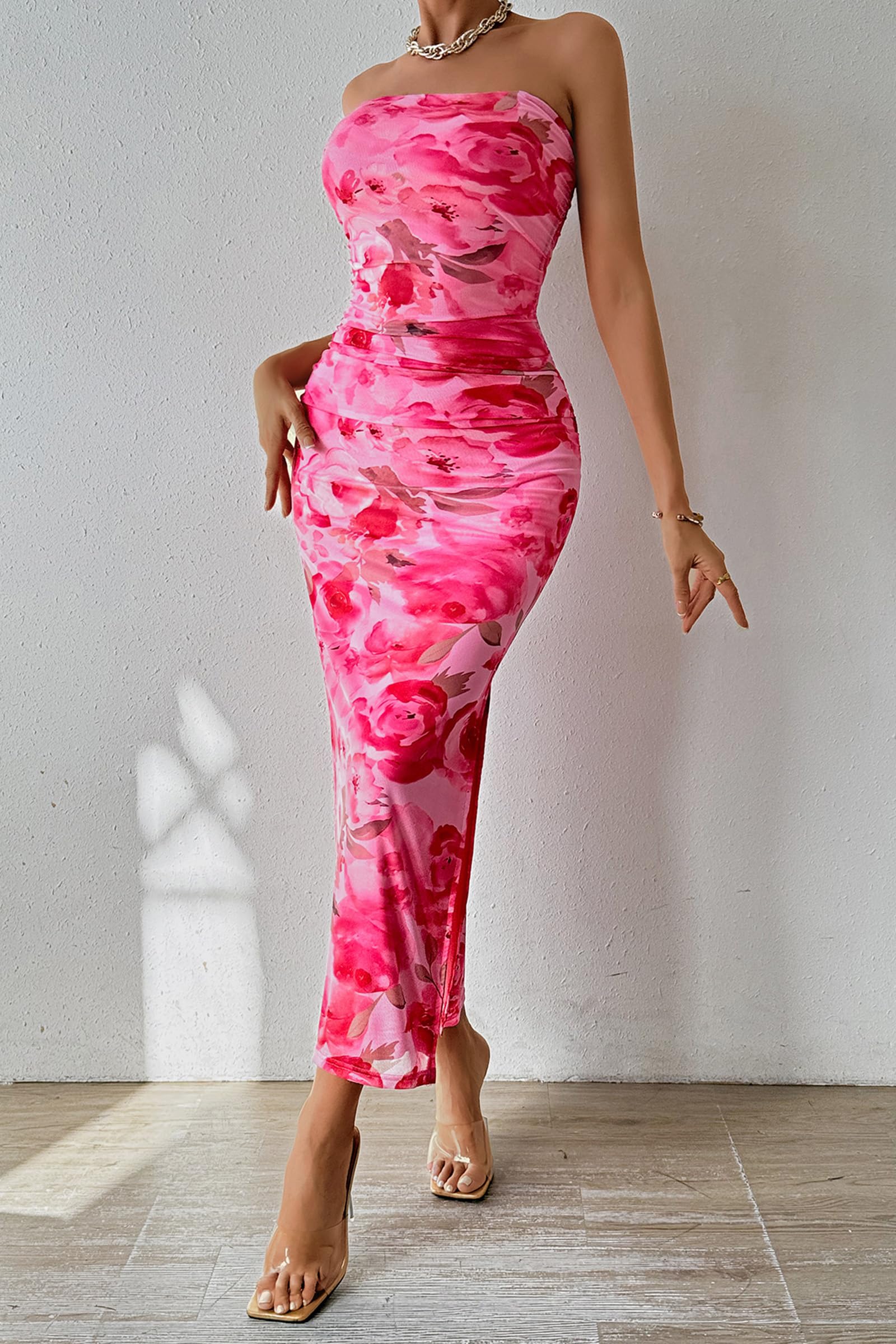 PRETTYGARDEN Women's Summer Maxi Bodycon Dresses Strapless Tube Top Printed Long Party Club Slit Dress (Print Pink,Medium)