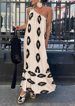 Load image into Gallery viewer, PRETTYGARDEN Women&#39;s Summer One Shoulder Maxi Dresses Printed Flowy Boho Beach Vacation Long Sundress (Beige Black Floral,Small)
