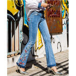 Load image into Gallery viewer, Bell Bottom Jeans for Women Flared Floral Embroidered Jean Wide Leg Denim Pants Size 8 Blue
