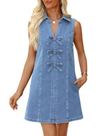 Load image into Gallery viewer, POTILI Denim Dress for Women Sleeveless Jean Dress V Neck A Line Bow Tie Front Casual Mini Dresses with Pockets 2025 Blue
