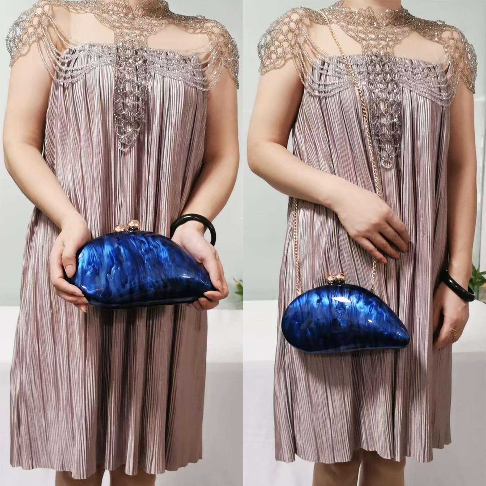 louceko Women Trendy Chain Crossbody Shoulder Bag Handbag Acrylic Wedding Evening Bag Shell Formal Clutch Purse, Blue 2503