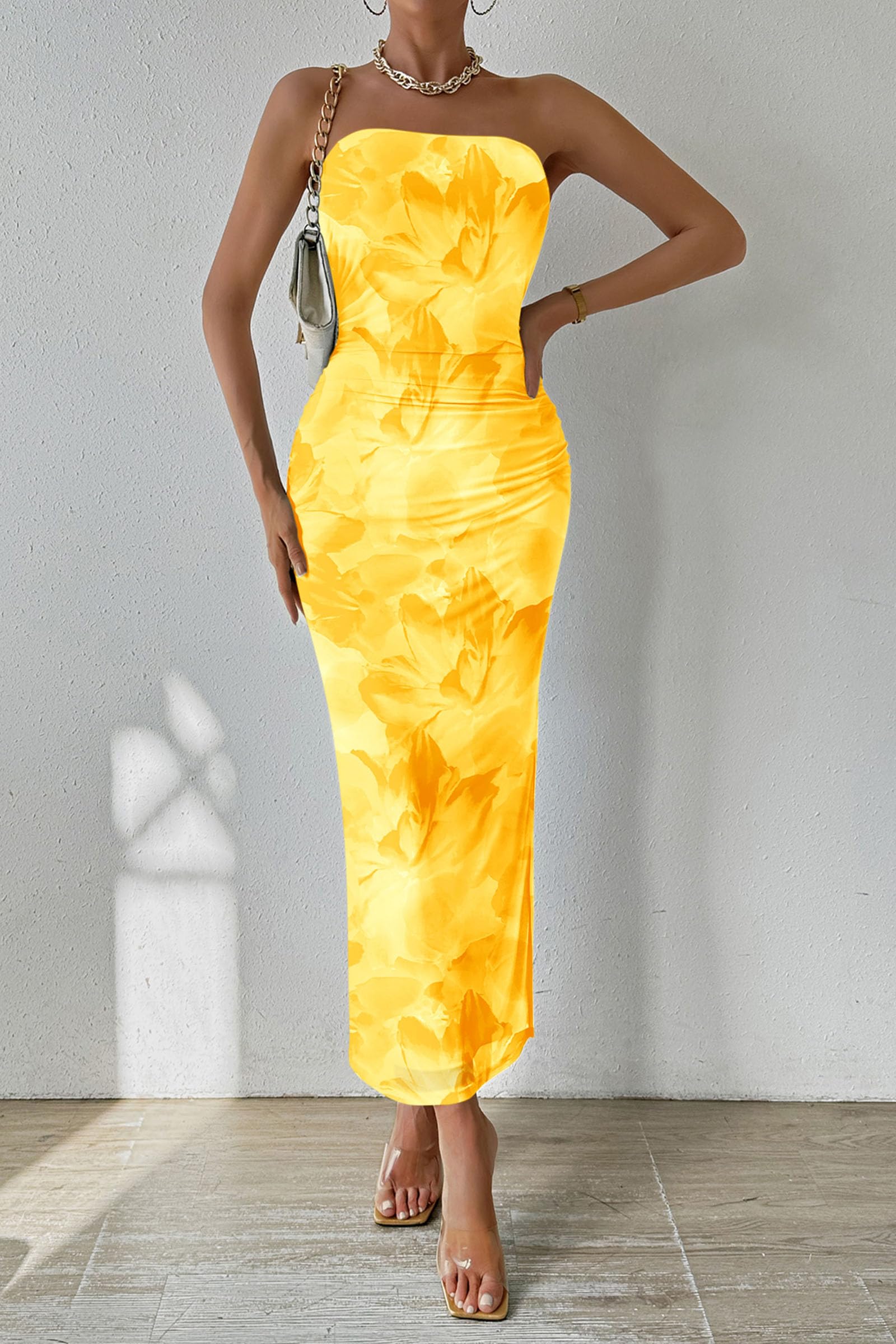 PRETTYGARDEN Women's Summer Maxi Bodycon Dresses Strapless Tube Top Printed Long Party Club Slit Dress (Floral Yellow,Medium)