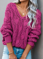 Load image into Gallery viewer, Dokotoo Women's Sweaters Long Sleeve V Neck Crochet Hollow Out Loose Fit Cute Pullover Knit Sweaters for Women 2025 Fall Trendy Casual Off The Shoulder Tops Rose Red

