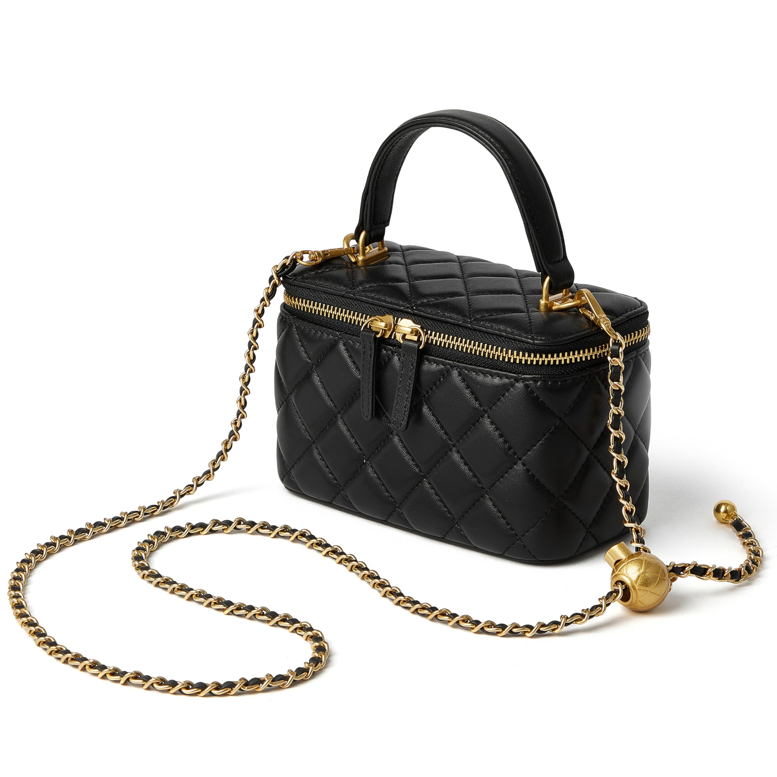 DORIS&JACKY Small Quilted Square Box Crossbody Purse For Women Designer Mini Top Handle Pouch Purse With Metal Chain Strap (1-Black)