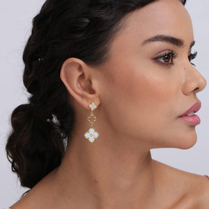 LeCalla 925 Sterlings silver Mother of Pearl Long Drop Earrings | 14K Gold-Plated CZ Three Clover Flower Drop Dangle Earring for Women
