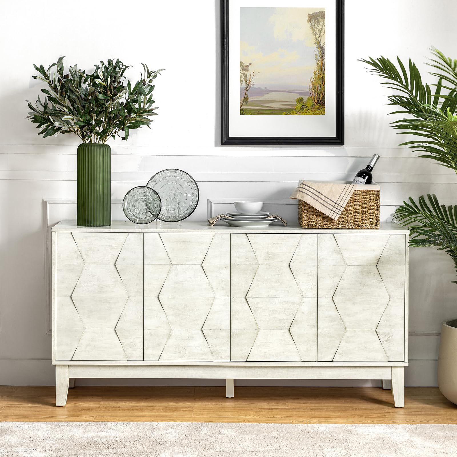 HULALA HOME Mid Century Sideboard Buffet Cabinet with Solid Wood Legs, 60" Kitchen Storage Cabinet Credenza with 4 Doors and 2 Shelves, Accent Console Table, White
