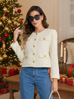 Load image into Gallery viewer, M.Infisavo 2025 Women Tweed Jacket Cropped Blazers Fall Winter Elegant Round Neck Pockets Business Casual Outfit, Beige, Medium

