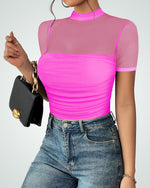 Load image into Gallery viewer, Kentysill Women&#39;s Mesh Sexy Mock TurtleNeck Bodysuits Short Sleeve Shirt Ruched Sheer Body suit Summer Trendy Going Out Tops Hot Pink L
