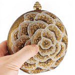 Load image into Gallery viewer, Boutique De FGG Round Flower Clutch Purse Women Rose Crystal Evening Bag Party Floral Rhinestone Clutch Wedding Handbag,Mini,Gold
