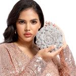 Load image into Gallery viewer, Boutique De FGG Round Rose Flower Crystal Clutch Purses for Women Formal Evening Bags Wedding Clutch Bag Party Handbags,Mini,Silver

