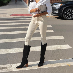 MeiLuSi Fall Boots for Women 2025 Black Knee High Cowboy Boots, Tall Suede Shoes Fashion Cowgirl Shoes Chunky High Heel