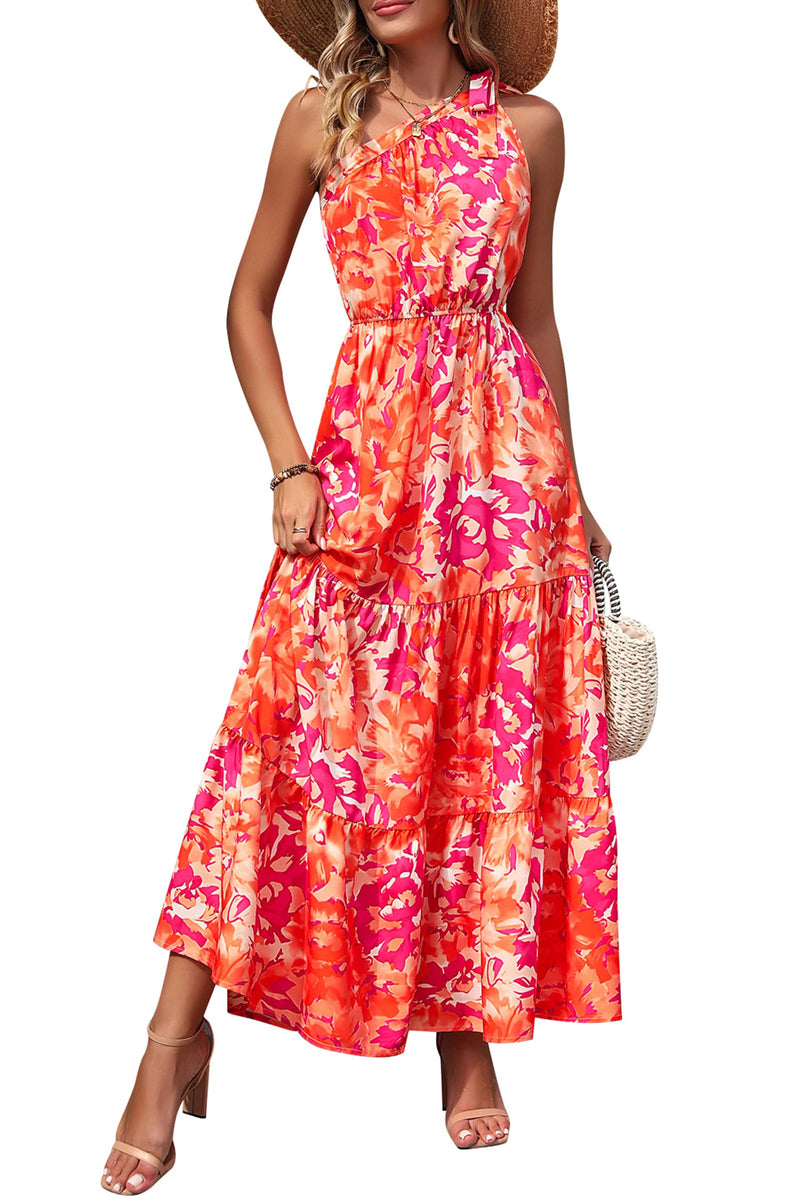 PRETTYGARDEN Women's Summer Floral Maxi Dress Knot One Shoulder Sleeveless Ruffle Flowy Boho Beach Wedding Guest Dresses (Orange Rose Red Big Floral,Medium)