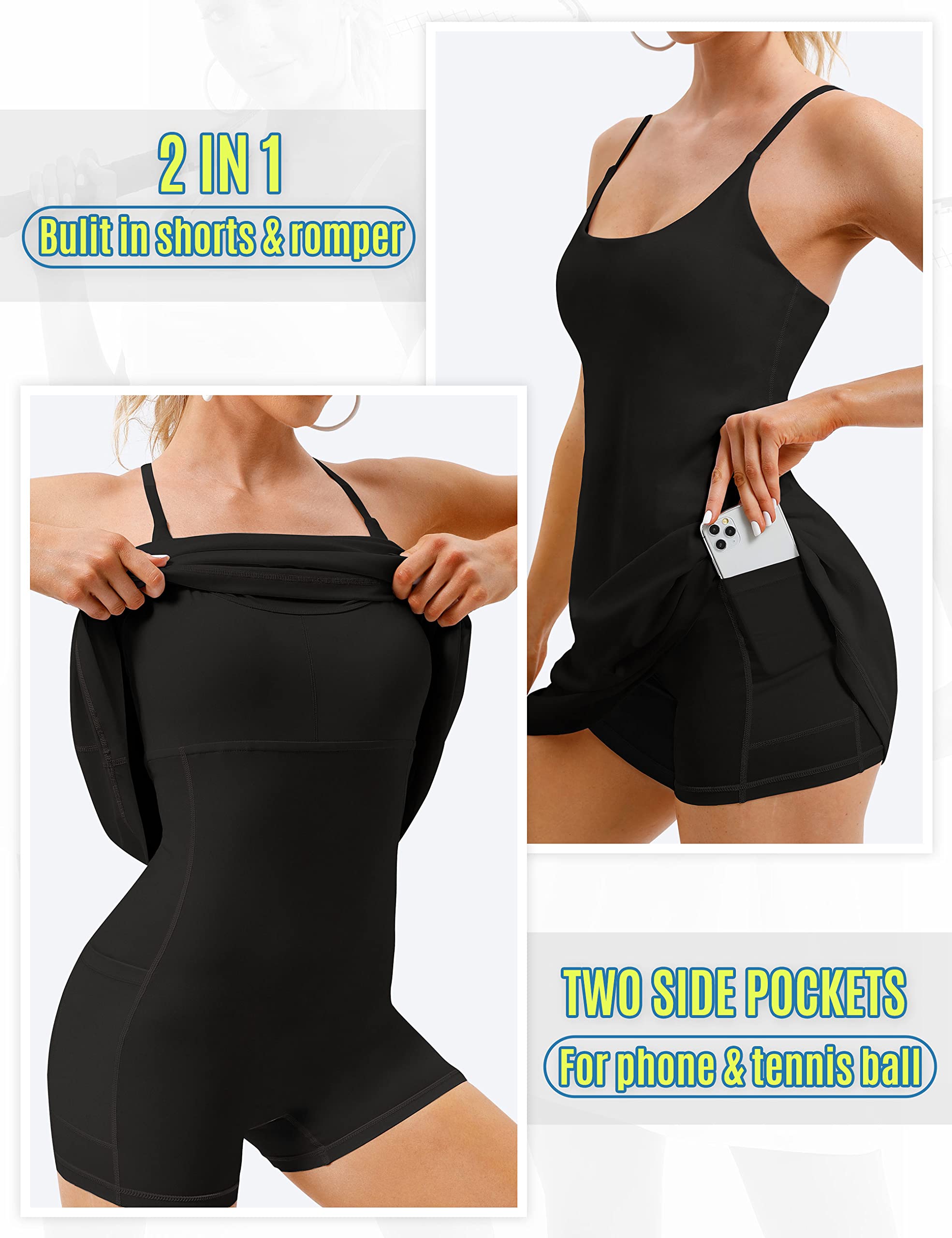 Womens Tennis Dress, Workout Dress with Built-in Bra & Shorts Pockets Summer Dress for Golf Athletic Dresses for Women Black