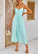 Load image into Gallery viewer, Fashionme Summer Maxi Dresses for Women 2026 Striped Vacation Beach Long Sundresses A Line Casual Flowy Boho Spaghetti Strap Backless V Neck Sleeveless with Pockets

