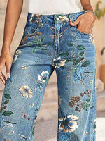 Load image into Gallery viewer, Flamingals Mid-Rise Vintage Floral Straight Leg Pants for Women Summer Casual Denim Pants Mid Blue L

