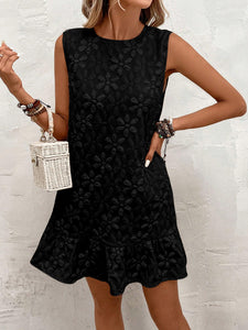 SOLY HUX Women's Ruffle Hem Sleeveless Tank Dress Round Neck Casual Jacquard Hem Smock Summer Mini Dresses Plain Black