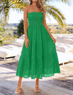 Load image into Gallery viewer, ZESICA Womens 2026 Summer Boho Strapless Midi Dresses Off Shoulder Smocked Eyelet Wedding Guest Beach Long Dress Pockets Green Small

