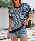 Load image into Gallery viewer, PRETTYGARDEN Womens Short Sleeve Sweater Spring Summer 2025 Round Neck Striped Pullover Cap Sleeve Knit Sweater Vest Tops(Navy,Medium)
