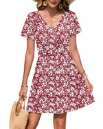 Load image into Gallery viewer, WNEEDU Hawaiian Beach Cover Up Dress Casual Floral Print Elastic Waist Spring Travel Sundress,New Floral Red,M

