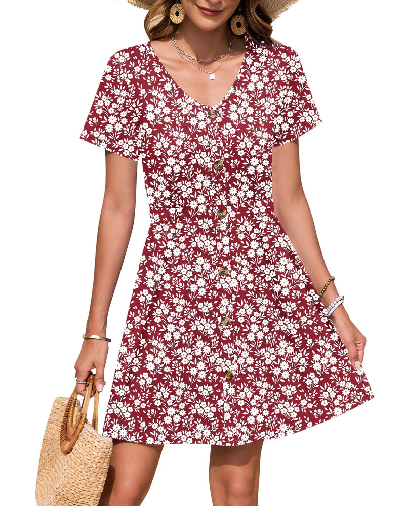 WNEEDU Hawaiian Beach Cover Up Dress Casual Floral Print Elastic Waist Spring Travel Sundress,New Floral Red,M