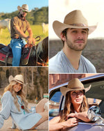 Load image into Gallery viewer, FURTALK Straw Cowboy Sun Hats for Women Men Western Cowgirl Hats with Wind Lanyard UPF 80+ Beach Hat Khaki
