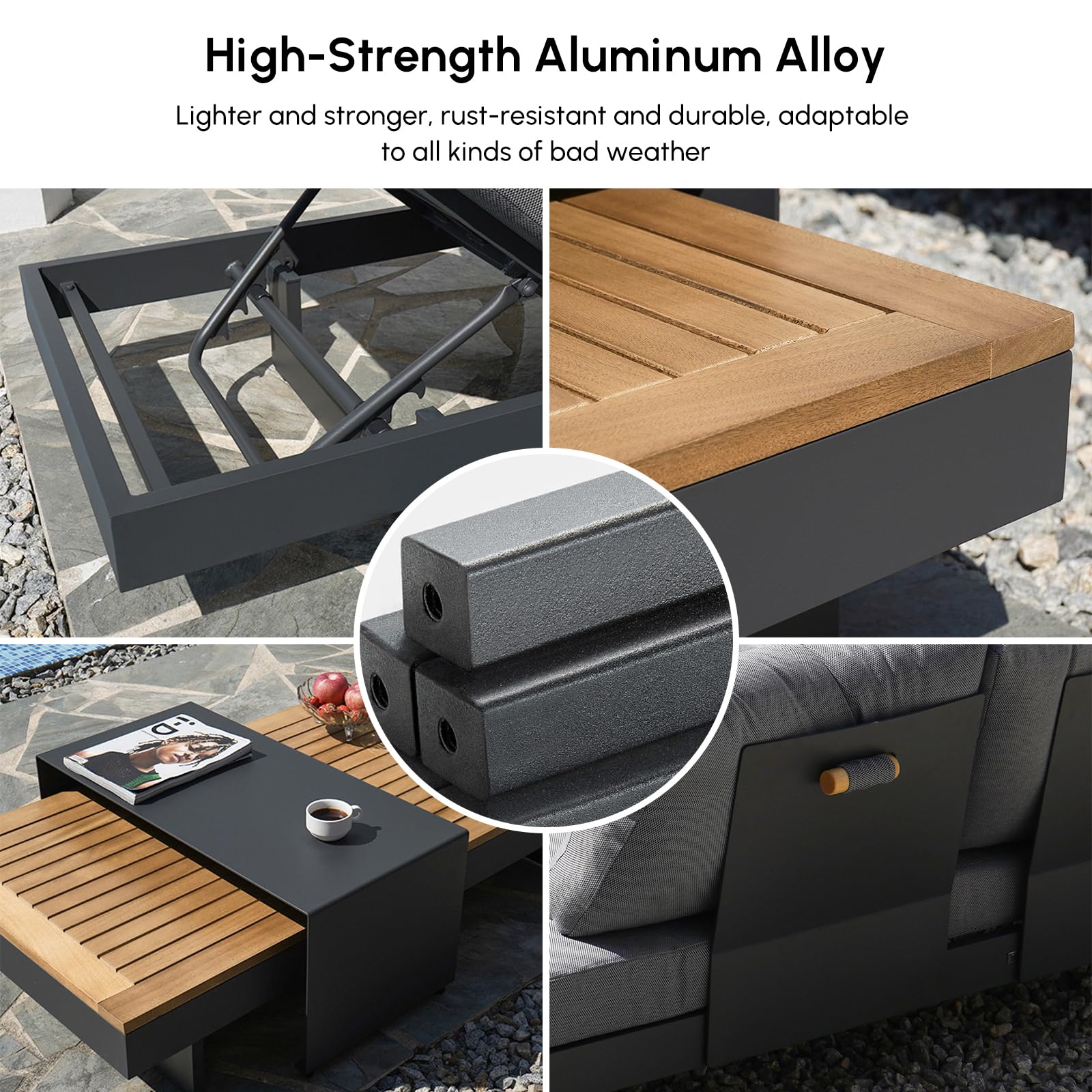 homary 6 Piece Aluminum & Teak Outdoor Sofa Set, Patio Sofa Seat L-Shaped Outdoor Sectional Sofa Set with Adjustable Backrests/Waterproof/Fade Resistant Cushions Ideal for Patios/Balconies,Light Gray
