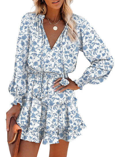 Dokotoo Fall Dresses for Women Casual Sexy Deep V Neck Ruffle Chiffon Floral Print Easter Dress Western Outfit Long Sleeve Elegant Empire Waist Flowy Mini Short Skirt Sun Dresses Party 2025 Medium
