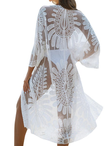 Blooming Jelly Womens Bathing Suit Cover Up 3/4 Sleeve Mesh Swimsuit Coverup Long Floral Beach Lace Kimono Summer Cardigan (One Size, White)