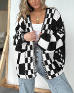 Load image into Gallery viewer, BTFBM Casual Cardigan Sweater for Women Fall 2025 Long Sleeve Open Front Chunky Knit Sweaters Checkered Outwear Coat(Black,Medium)
