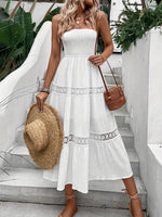 Load image into Gallery viewer, SKAYS Women's Strapless Bandeau Dress Solid Color Hollow Out Lace Patchwork A-Line Beach Dress White M

