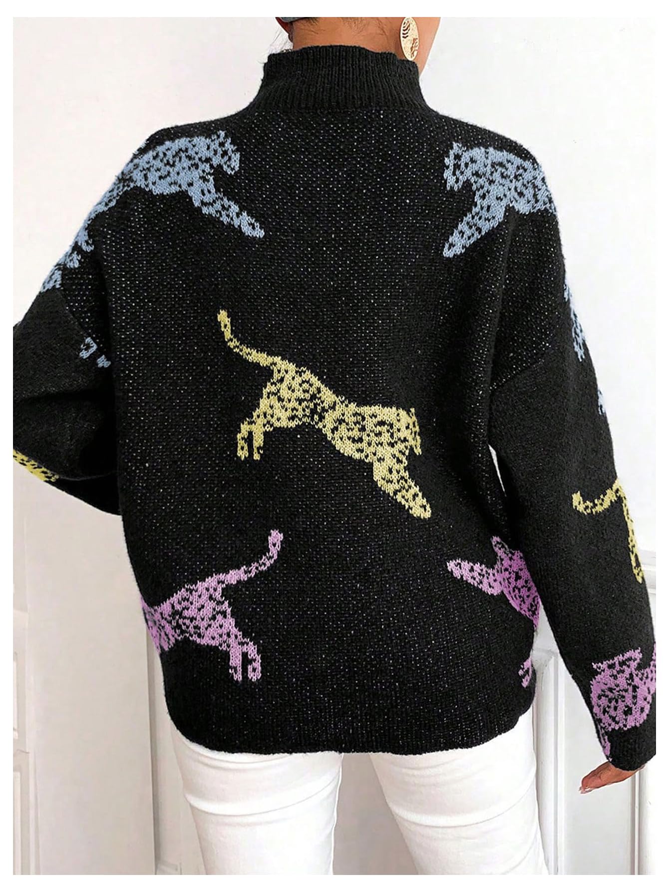 WDIRARA Women's High Neck Sweater Leopard Pattern Long Sleeve Fuzzy Knitted Pullover Top Black Medium