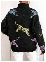 Load image into Gallery viewer, WDIRARA Women&#39;s High Neck Sweater Leopard Pattern Long Sleeve Fuzzy Knitted Pullover Top Black Medium
