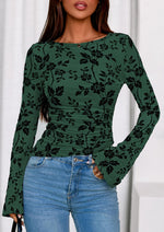 Load image into Gallery viewer, PRETTYGARDEN Women Long Sleeve Floral Mesh Tops Blouse 2025 Fall Trendy Boat Neck Ruched Fitted Shirt Going Out Date Outfits (Dark Green,Medium)
