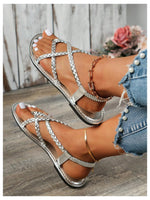 Load image into Gallery viewer, Verdusa Women's Flat Sandals Strappy Dressy Ankle Strap Casual Summer Thong Sandals for Beach Silver 9

