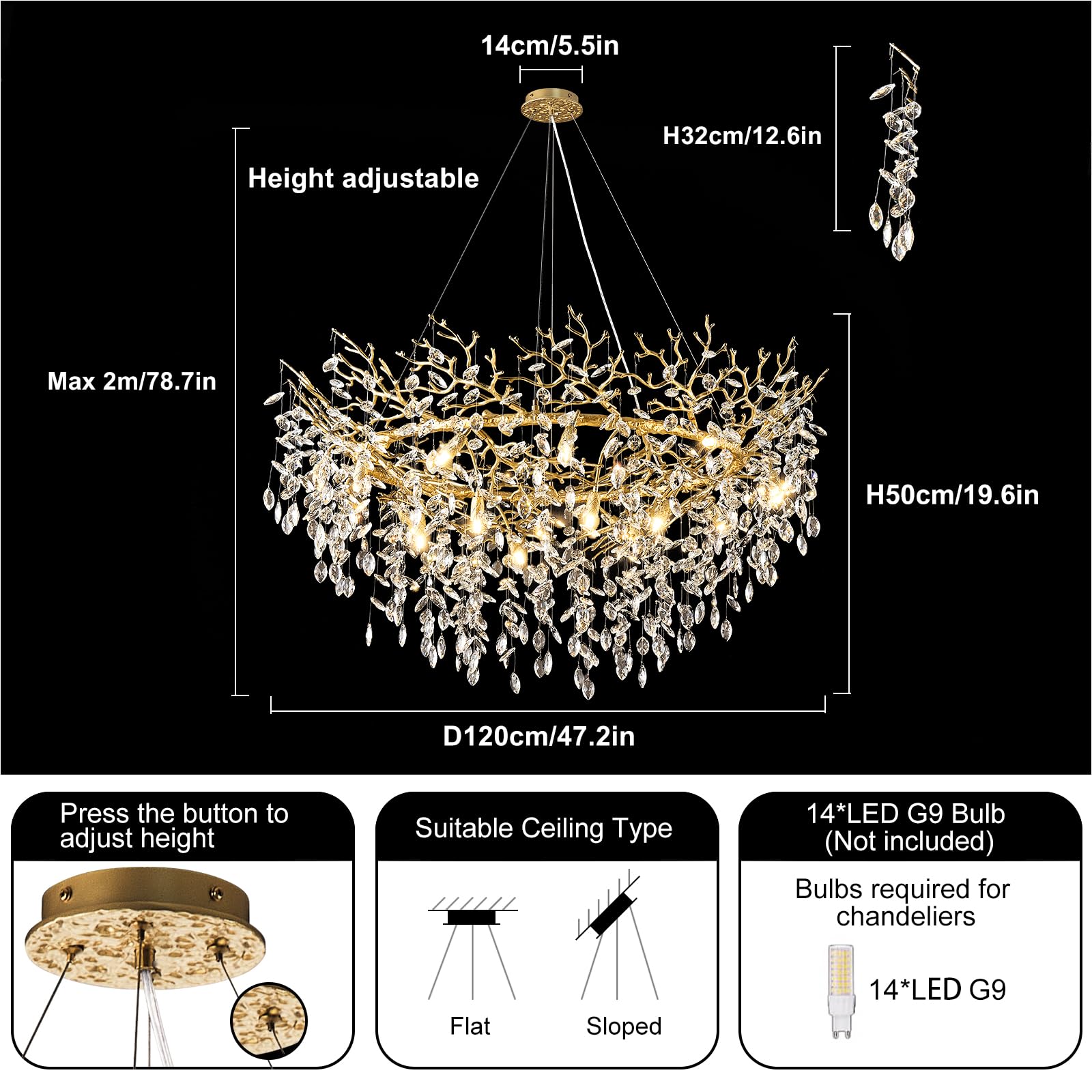 kvtinmty 14-Light Modern Large Crystal Chandelier for Dining Room, 48" Round Gold Crystal Tree Branche Chandelier, Living Room Crystal Chandelier, Crystal Chandeliers for High Ceiling,Entryway,Foyer