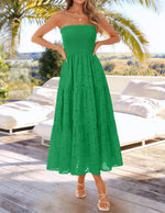Load image into Gallery viewer, ZESICA Womens 2026 Summer Boho Strapless Midi Dresses Off Shoulder Smocked Eyelet Wedding Guest Beach Long Dress Pockets Green Small
