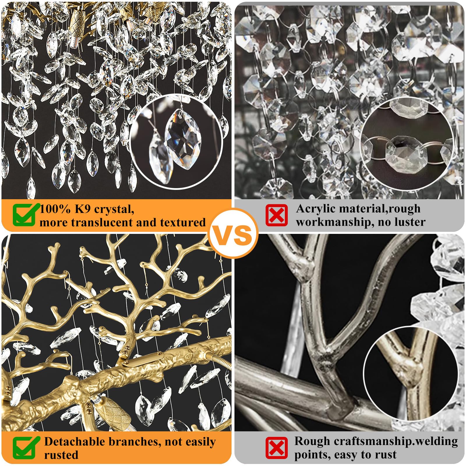 kvtinmty 14-Light Modern Large Crystal Chandelier for Dining Room, 48" Round Gold Crystal Tree Branche Chandelier, Living Room Crystal Chandelier, Crystal Chandeliers for High Ceiling,Entryway,Foyer