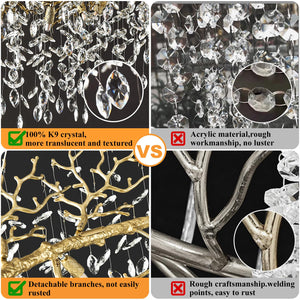 kvtinmty 14-Light Modern Large Crystal Chandelier for Dining Room, 48" Round Gold Crystal Tree Branche Chandelier, Living Room Crystal Chandelier, Crystal Chandeliers for High Ceiling,Entryway,Foyer