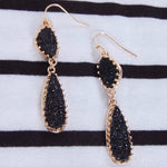 Load image into Gallery viewer, Black and Gold Tone Earrings for Women - Simulated Druzy Drop Dangles - Long Double Teardrop Dangly Earrings for Women, Gold Tone - Black Stone
