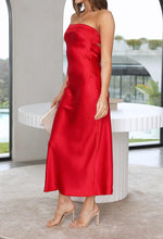 Load image into Gallery viewer, MEROKEETY Women 2025 Summer Strapless Satin Tube Bodycon Backless Wedding Guest Maxi Dress, Red, M
