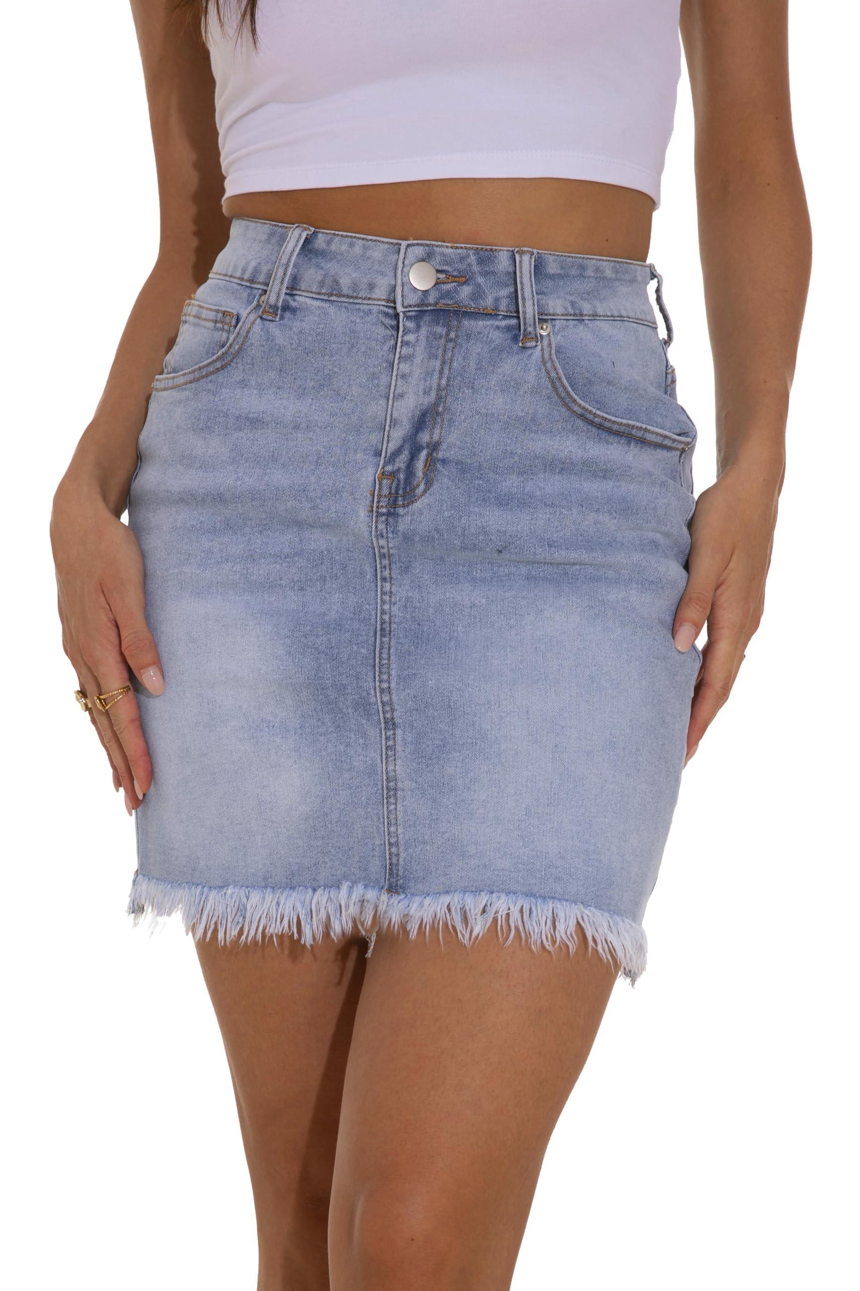 GUANYY Womens Denim Skirts Classic Modest Zipper Casual Short Mini Jeans Skirt with Frayed Raw Hem Light Washed Blue X-Large