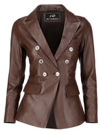 Load image into Gallery viewer, Jild Double Breasted Fancy Buttons Lambskin Leather Blazer Women - Kim Kardashian Long Sleeve Coat Style Leather Jacket Women (FC-Brn-M)

