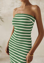 Load image into Gallery viewer, PRETTYGARDEN Women&#39;s Summer Bodycon Maxi Tube Dress Ribbed Strapless Side Slit Long Going Out Casual Elegant Party Dresses (Wide Striped Green White,Small)
