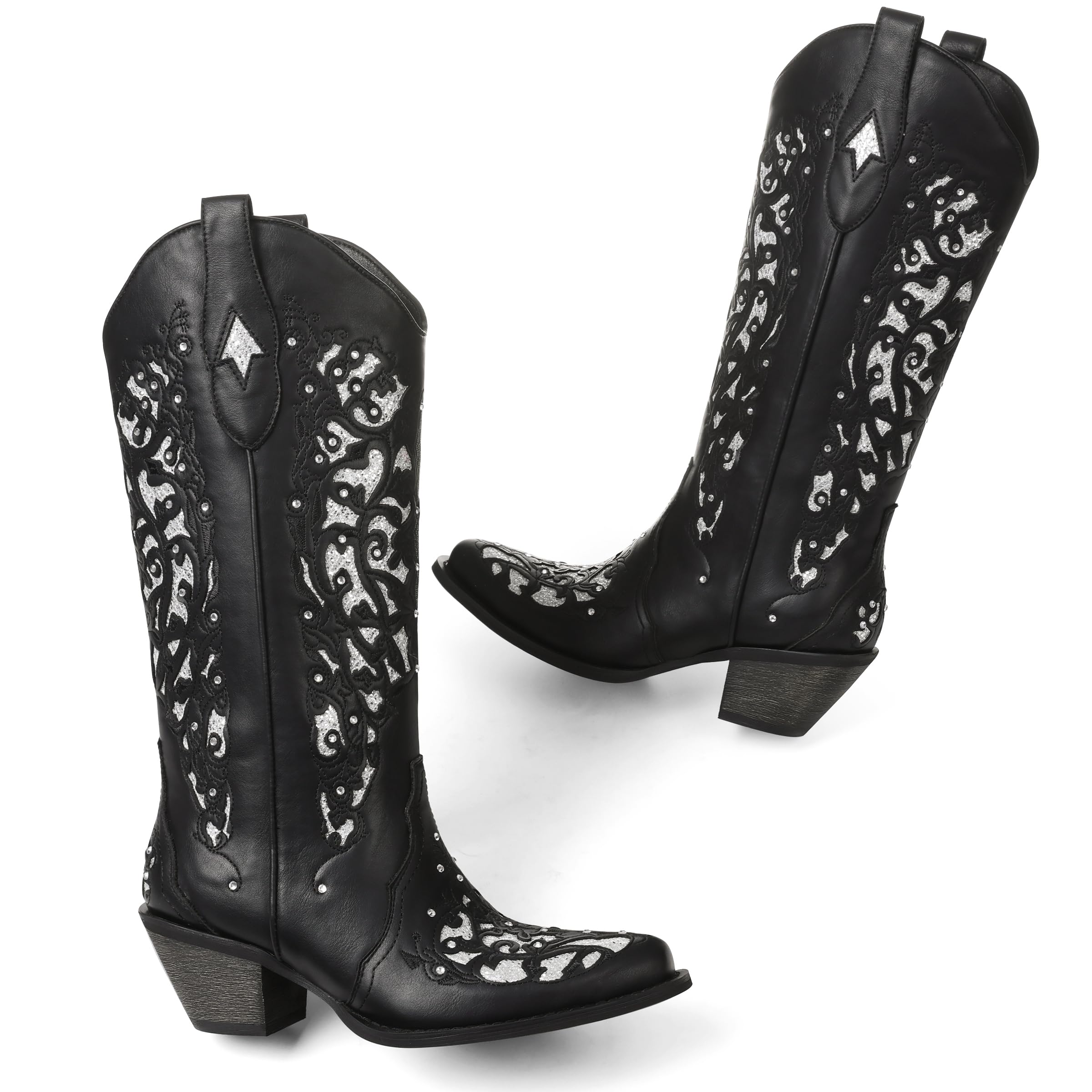 SaraIris Black Knee High Cowboy Boots for Women - Size 8.5, Chunky Heel, Pointed Toe, Rhinestones