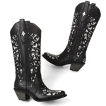 Load image into Gallery viewer, SaraIris Black Knee High Cowboy Boots for Women - Size 8.5, Chunky Heel, Pointed Toe, Rhinestones
