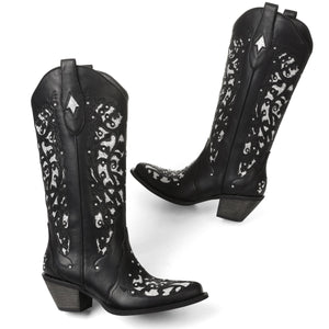 SaraIris Black Knee High Cowboy Boots for Women - Size 8.5, Chunky Heel, Pointed Toe, Rhinestones