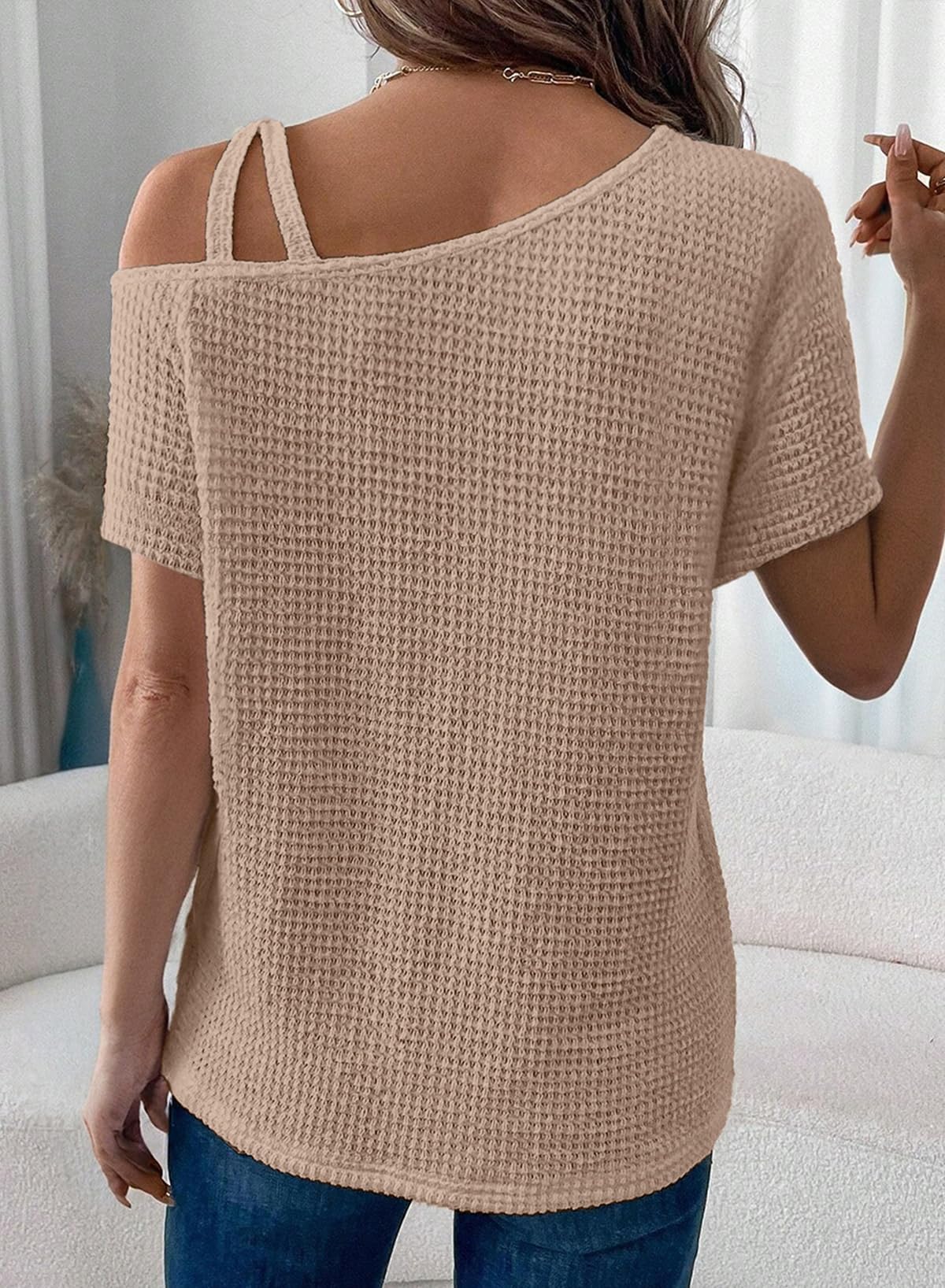 Dokotoo Womens Summer Off The Shoulder Tops for Women Waffle Knit Short Sleeve T-Shirts Casual Loose Elegant Cross Straps Lightweight Soft Solid Color Blouses Cute Trendy Fashion 2025 Khaki Small